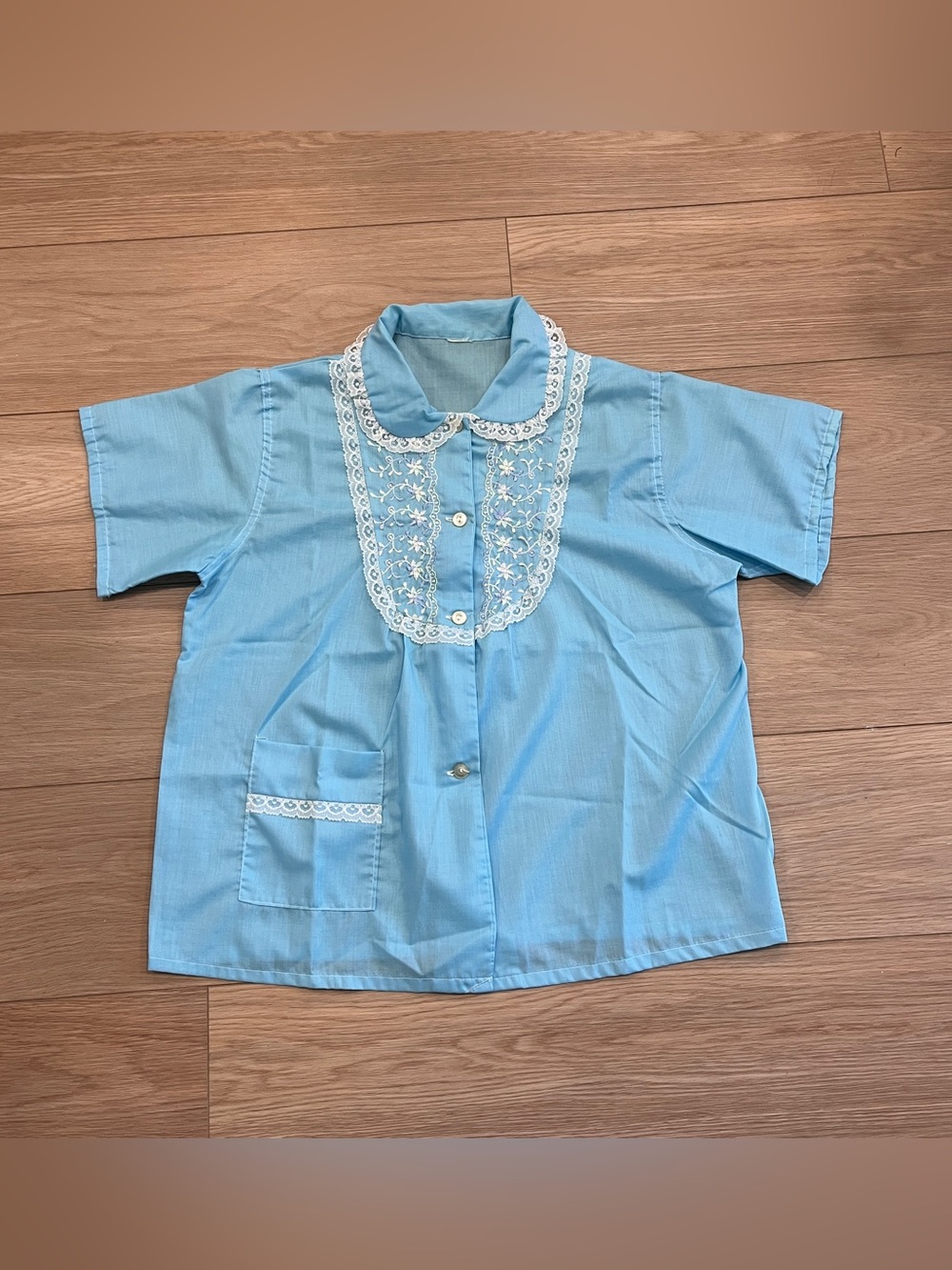 Vintage Light Blue Lace-Trim Collared Button Front Blouse Women L 80s Cottage